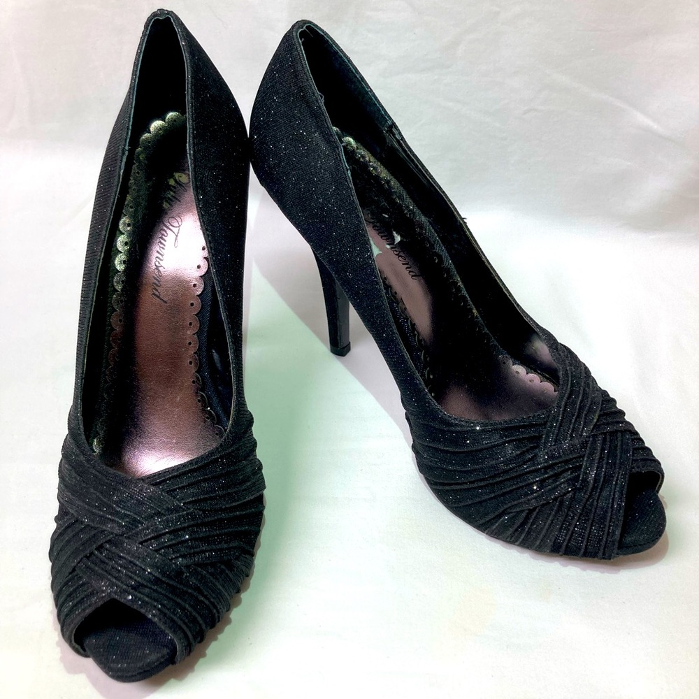 Lulu Thompson Black Sparkle Peep Toe Heels, size 9